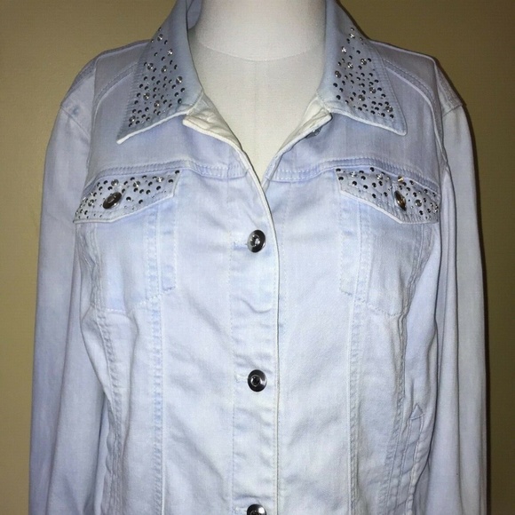 Chico's Platinum Light Baby Blue Stud Rhinestone Denim Jacket - Picture 3 of 11